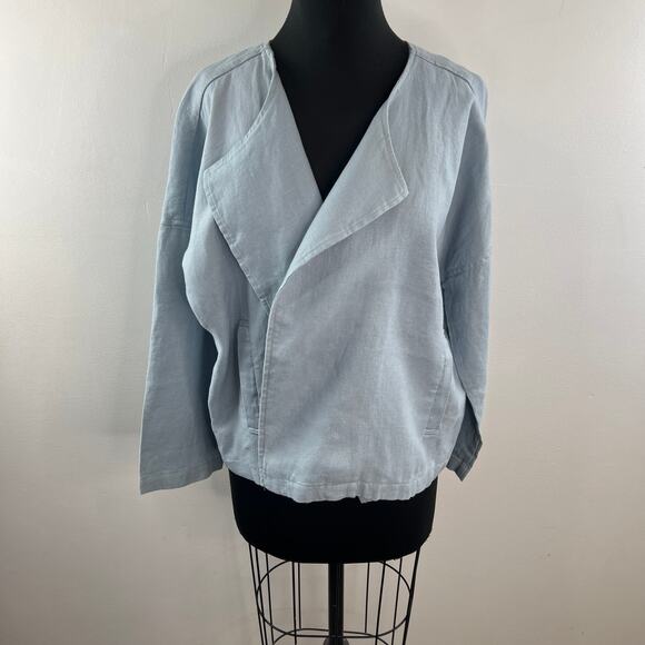 EILEEN FISHER Blue Drape Front Jacket Organic Linen Boxy Fit Size Medium M - Picture 2 of 8
